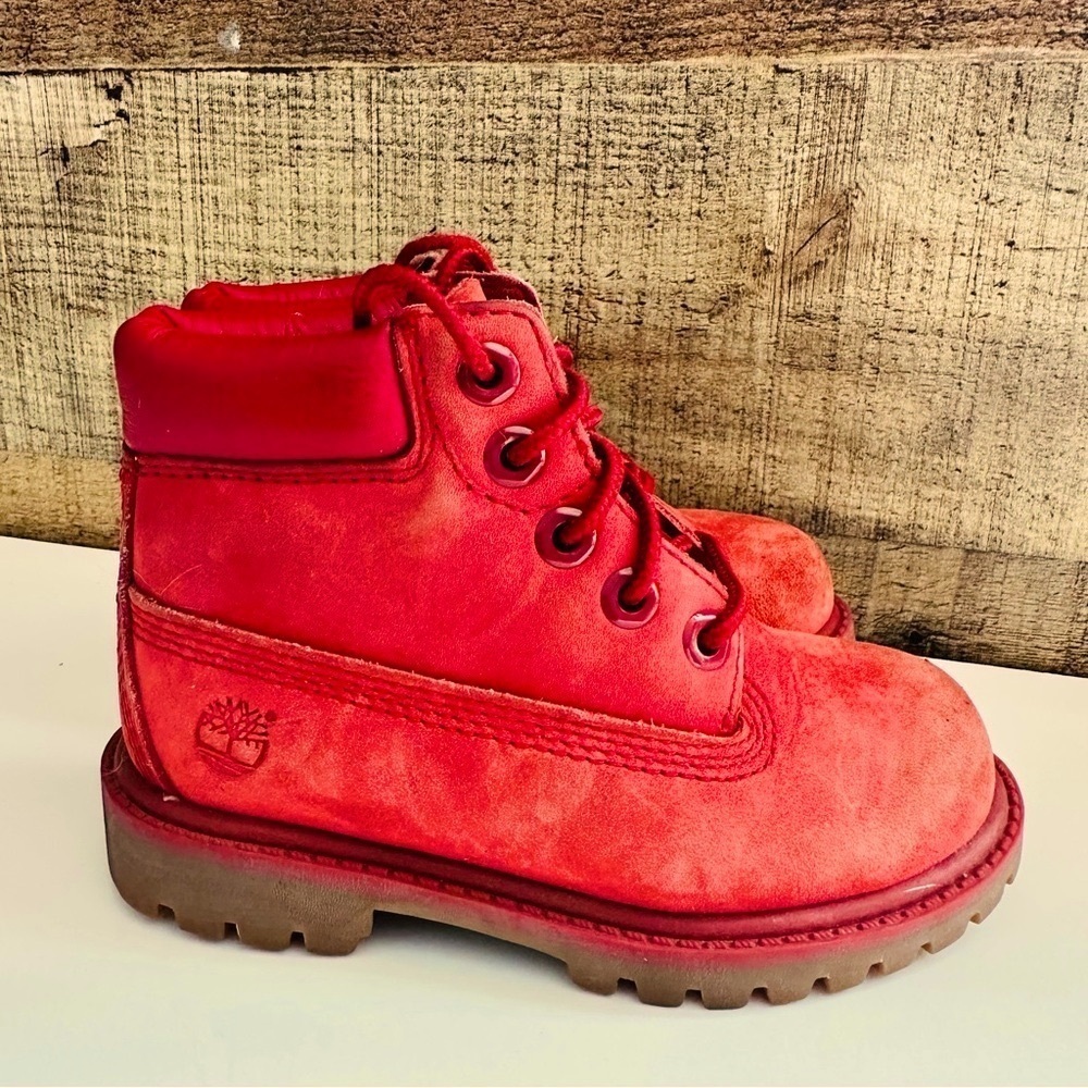 Unisex Timberland Premium Red Nubuck Waterproof Lace Up Toddler Boots